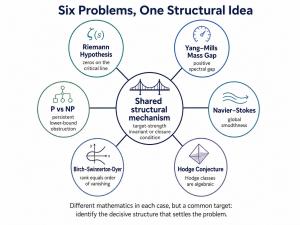 Six Clay problems arranged around a shared structural mechanism.