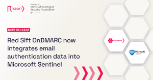 Red Sift Microsoft Sentinel launch logos with OnDMARC dashboard