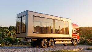 Pulse Container expandable pod loaded on a rigid truck for transport between events | The Clear Idea