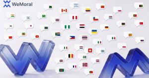 WeMoral brand graphic of many national flags in speech bubbles around the figure 103 languages, marking 103 supported reporting languages including 8 right-to-left ones.