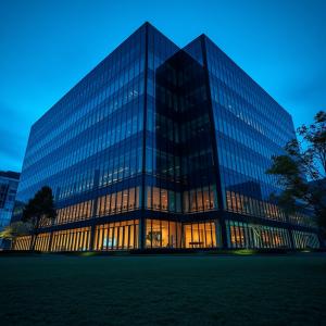 Wide-angle, ground-level photograph of a glass-walled corporate office building lit from within at dusk, with trees in the foreground.