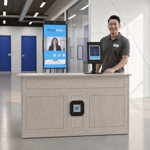 Manager standing beside a storage rental counter with Virtual Manager on screen.