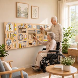 Wall-mounted sensory panels installed in a dementia care sensory room for adults and memory care residents.