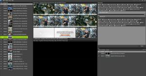 The Fast Video Cataloger window: video catalog list, scene thumbnails, keyword panel, and a bin holding the two interview clips the AI assistant selected.