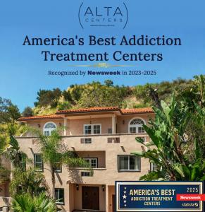 Alta Centers addiction treatment facility building with a Newsweek "America's Best Addiction Treatment Centers 2023-2025" award badge.