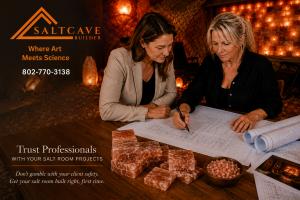 “Professional salt cave builder reviewing architectural blueprints for a custom Himalayan salt room construction project.”