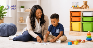 A therapist and child working together during an ABA therapy activity in a child-friendly room with the ABA360 logo.