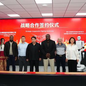 No Competition Infinity Gaming and Jiangsu Yunmu Intelligent Manufacturing executives signing five-year humanoid robotics partnership agreement in Taicang, China
