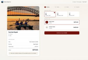Example of a streamlined online booking platform for tour operators, showing tour details, available dates, booking options, pricing, and a simple four-step reservation process.