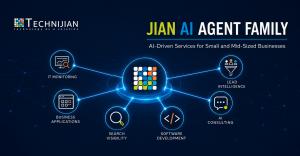 Technijian Jian AI Agent Family graphic showing six connected AI services for small and mid-sized businesses.