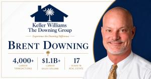 Promotional image of Brent Downing with Keller Williams The Downing Group logo and highlights showing 4,000+ career transactions, $1.1B+ in career sales volume, and 17 years in real estate.