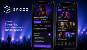 SPOZZ Music App Screens, with an Example of an monthly exclusive content subscriptions