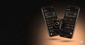 Promotional banner on a dark background with warm amber lighting showing smartphones displaying the redesigned My TRT App health-tracking interface, announcing the version 3.0 Android release and affiliate program.