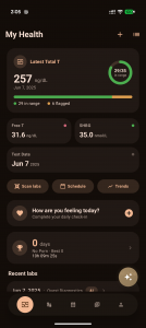 Dark-themed Android app screen titled My Health showing a Total T result of 257 ng/dL, a 29-of-35 markers in range ring, Free T and SHBG cards, and buttons for scan labs, schedule, and trends.