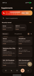 Android onboarding screen titled Your protocol, measured, with a progress bar, three feature highlights about dose logging, reminders, and streaks, and a Set up my protocol button.
