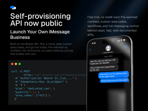 Build it on the Blooio API. Pick your niche, claim numbers in the area codes your customers actually recognize, and go live the same day. No minimums, no sales meeting, pricing that scales with you.