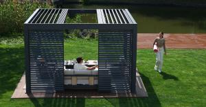 Mirador 140SKY pergola with a split-opening louver system and shutter walls creating a comfortable outdoor seating area beside a landscaped lawn and pond.