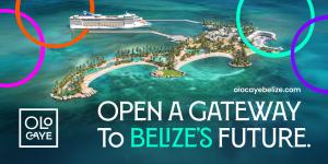 A rendering of a cruise ship approaching a resort island in the Caribbean Sea.