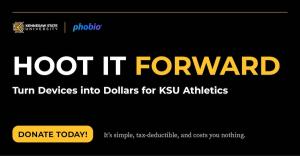 Kennesaw State University and Phobio “Hoot It Forward” graphic encouraging supporters to turn used devices into funding for KSU Athletics. Text reads: “Donate Today! It’s simple, tax-deductible, and costs you nothing.”
