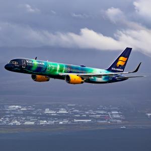Icelandair Boeing 757 Hekla Aurora TF-FIU up in the air with its Northern Lights livery design