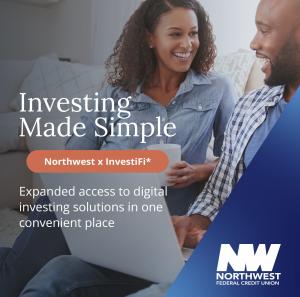 Promotional graphic for partnership. Two people sit on a couch using a laptop and holding a mug in a home setting. Text reads: “Investing Made Simple,” “Northwest x InvestiFi*,” and “Expanded access to digital investing solutions in one convenient place.”