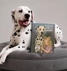 Photo of King the dalmation, posing with his book in the H.A.K. Heroes series, "To Dream With a Dalmatian"