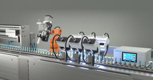 Dymax BlueWave® FX Line Emitters on an automated processing line curing medical device syringes