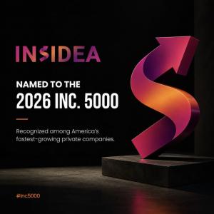 INSIDEA wordmark and an orange, magenta and plum sculptural brand mark on black, with the headline Named to the 2026 Inc. 5000.