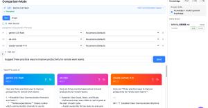 Prompt Flow Studio comparison view with multiple AI models answering the same prompt side by side