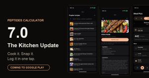 Banner for Peptides Calculator 7.0, the Kitchen Update, showing three Android app screens: the 790-recipe cookbook, a recipe detail page, and the redesigned meal planner.
