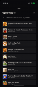 Peptides Calculator app screen listing popular recipes with food photos, including Adana kebab and air fryer patatas bravas, with a search bar for dishes, cuisines, and ingredients