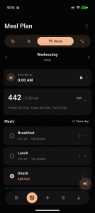 Meal Plan screen in the peptide tracking app showing daily calories and macros, with Breakfast and Lunch logged and one-tap Add food buttons on empty meals