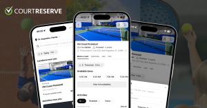 Three smartphones showing CourtReserve Network venue listings, court availability, and pickleball booking options in St. Augustine, Florida.