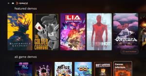 Screenshot of spawnd website homepage, showing a "featured demos" carousel with five large game covers, including Netherworld Covenant, The Golden Caravan, LIA: Hacking Destiny, Superhot, and Onikura, plus a "send feedback" button, above an "all game demo