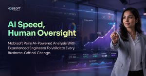 Graphic explaining how Mobisoft pairs AI-powered analysis with experienced engineers to validate business-critical software changes.
