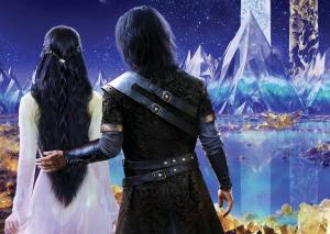 An Era in Anddemar cover art featuring a moonscape, giant crystals, two characters, and hollow diamond mountains