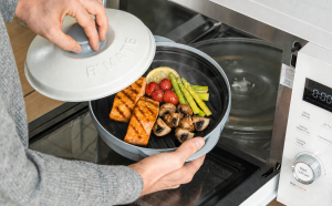 Salmon and vegetables cooked in the RANGEMATE Signature Microwave Grill Pan