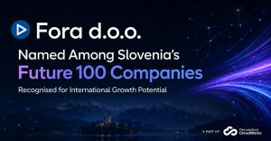 Branded graphic announcing Fora d.o.o. has been named among Slovenia’s Future 100 Companies, with Perception CloudWorks branding.