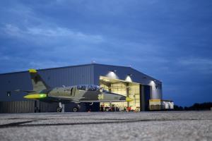 L39 jet trainer in front of North Bay ITTC Hangar