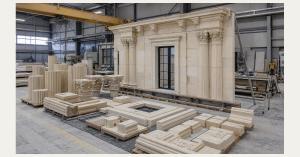 Representative of custom architectural limestone facade components with fluted columns, carved Corinthian capitals and window surrounds