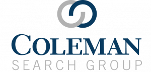 Corporate logo featuring two interlocking rings—one gray and one dark blue—positioned above the text “Coleman Search Group.” The word “Coleman” appears in large dark‑blue uppercase letters, with “Search Group” in smaller gray uppercase letters below.