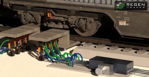 Regen Tracks electro-hydraulic rail energy capture system beneath a freight railcar