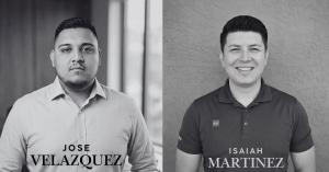 two Headshots, in black and white, side by side, of EverGuard's New Vice Presidents: Jose Velazquez on the left and Isaiah Martinez on the right. Both are professionally dressed young men.