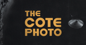 The Cote Photo documentary title card with bold golden-yellow text centered on a dark, grainy black background, featuring a smoky grey texture on the left and a blurry circular light reflection on the right