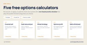 Five cards naming the PremiumGuardHQ options calculators: covered call, cash secured put, wheel strategy, options profit and safe withdrawal. Each lists what it returns and is labeled with a practice simulator.
