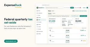 ExpenseDuck Taxes screen for 2026 showing the federal quarterly tax set-aside, with the third-quarter estimated payment of $3,290 due September 15.