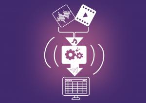 Purple background graphic illustrating Cuetrak's AudioShake ACR process, at the top a media file is introduced into the AudioShake AI-powered music recognition and identification process, resulting in a cue sheet report in Cuetrak's system.