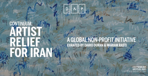 Continuum: Artist Relief for Iran initiative graphic presented by Duran Art Projects, featuring artwork by Fereydoun Ave.