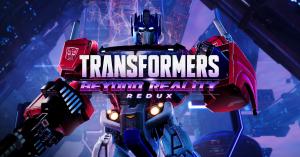 Optimus Prime holding a blaster behind the Transformers: Beyond Reality Redux logo against a futuristic Cybertronian backdrop.