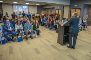 McAllen Mayor addresses city officials, business leaders and community representatives during the official launch of Ticketopolis in McAllen, Texas.